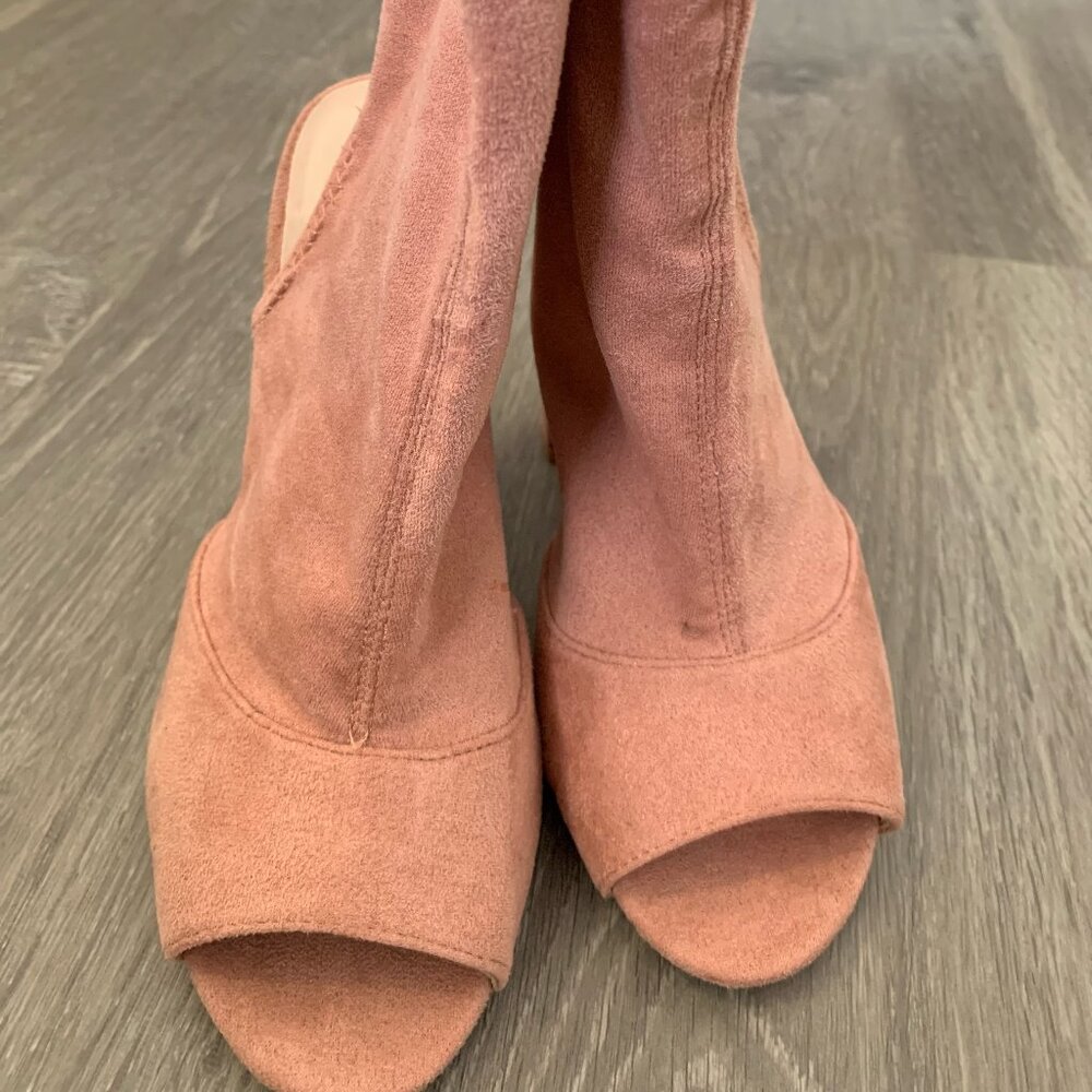 Peep Toe and Open Back Slip-on Block Heel Sock Booties in Pink